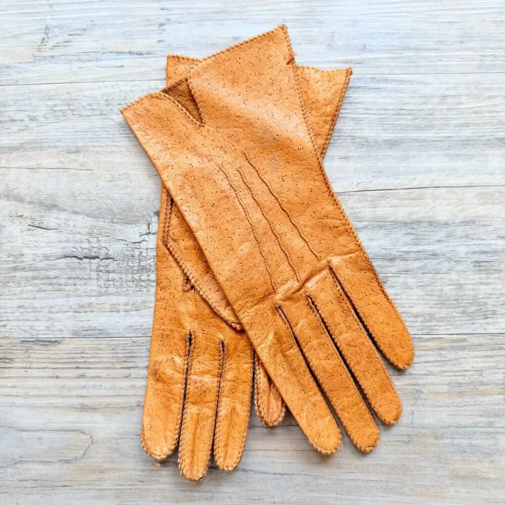 Vintage Peccary Leather Gloves Tan Soft Driving Dress Unlined Classic Pigskin